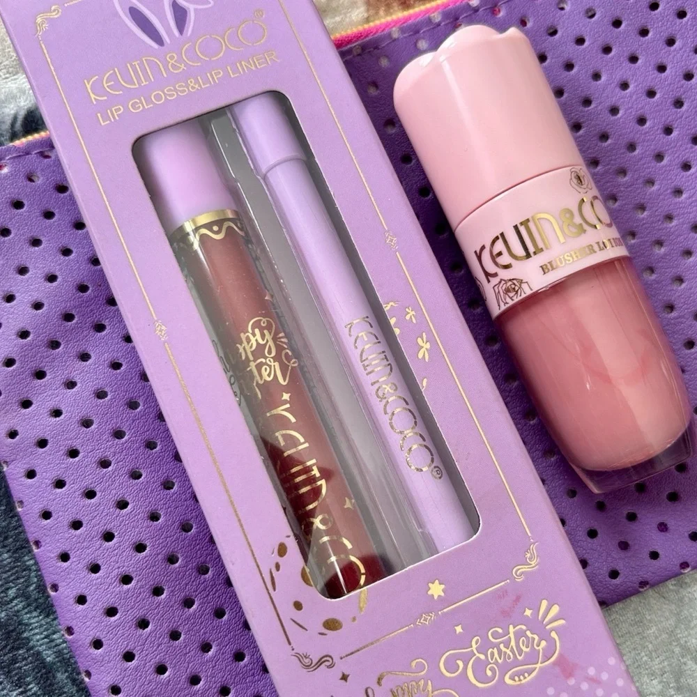 Brand New KEVIN & COCO Blusher Lotion Peach Lotus & Red Lip Gloss Lip Liner Set